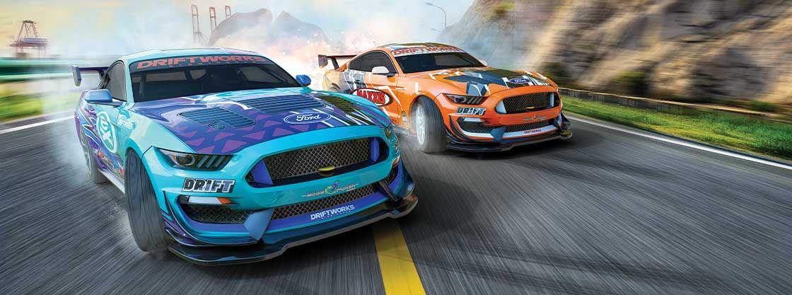 Blue & Orange Scalextric Drift 360 Mustang GT4s 1:32 Analog Slot Car Race Track Set C1421T 