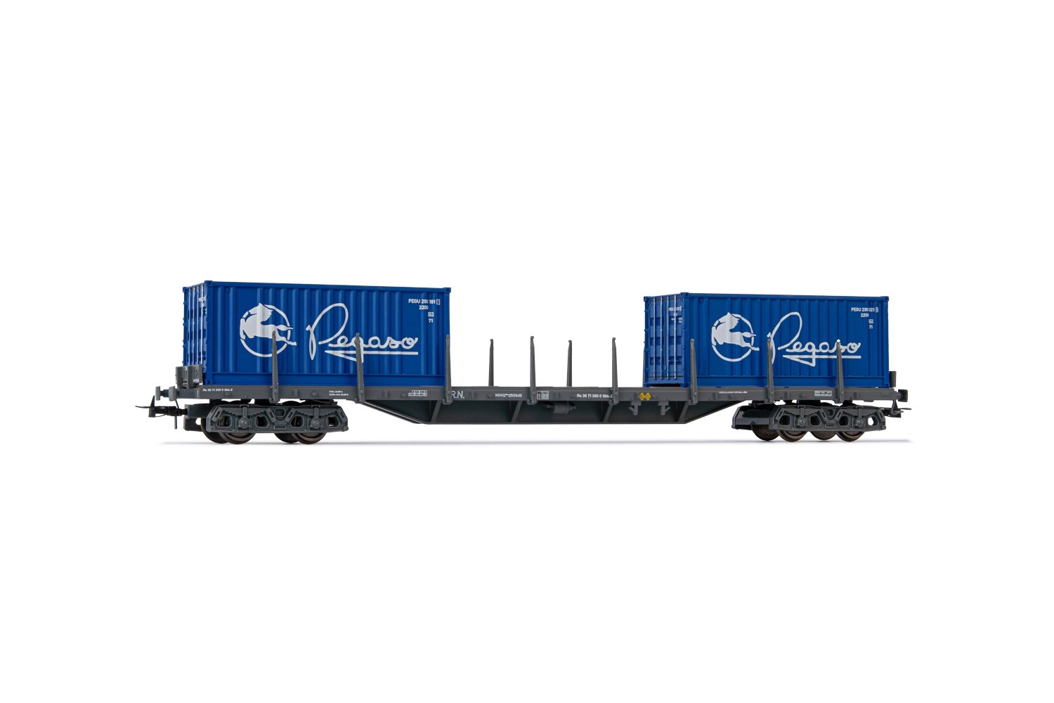 4 Fotos 1 Palabra 8 Letras Contenedores E6547 Electrotren (H0 1:87) RENFE, 4-axle container wagon, dark grey  livery, loaded with 2 x 20' container "Pegaso", ep. IV