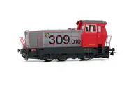 RENFE, locomotora de maniobras diésel 309, decoración roja/gris, ép V