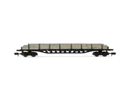 DB, 4-axle flat wagon with stakes Sgjs 716, black livery, loaded with concrete sleepers, period IV