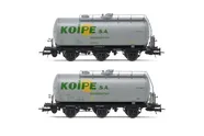 RENFE, 2-unit set of 3-axle tank wagons, grey livery, "Koipe", period IV. Suitable AC wheelsets for this item: HC6101 (11,27 x 24,25 mm)