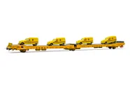 RENFE, 3-axle flat wagon Ladks, yellow "Semat" livery, loaded with 4 yellow "Correos" Citroen 2CV, period IV
