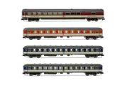 DB, 4-tlg. Set Reisezugwagen "Popwagen", in grau/blauer und grau/roter Lackierung, bestehend aus 1 x 1.-Klasse-Wagen, 2 x 2.-Klasse-Wagen und 1 Speisewagen, Ep. IV