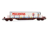 RENFE, vagón plataforma de 4 ejes MMQC, cargado con contenedor frigorífico "Pescanova", ép. IV. Ejes para sistema AC: HC6100 (10,27 x 25,20 mm)
