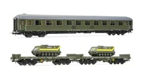 RENFE, set de 3 unidades, decoración verde oliva, compuesto de 1 coche 12100 y 2 vagones PMM (1 cargado con tanque), ép. V