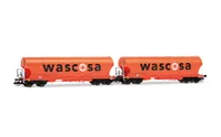 D-WASCOSA, 2-tlg. Set 4-achs. Getreidesilo-Wagen mit runden Seitenwänden, orange Farbgebung, großes „WASCOSA”-Logo