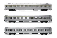 SNCF, 3-unit set of DEV Inox coaches, including 1 x A9 coach, 1 x B10 coach and 1 x A5 coach, period III. Suitable AC wheelsets for this item: (10,20 x 25,00 mm)