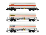 SNCF, 3-unit 4-axle gas tank wagons, contains 1 x "ERMEWA SATI", 1x "Millet" and 1 x "simotra", period IV-V