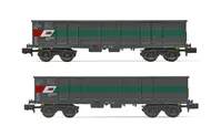 STLB, 2-unit set of 4-axle open wagons Eaos, grey/green/red livery, loaded with scrap, period V-VI
