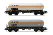 VTG, 2-unit set of 4-axle gas tank wagons Zags for vinyl chloride transport, grey livery with orange stripe, period V. Suitable AC wheelsets for this item: HC6102 (10,50 x 24,50 mm)
