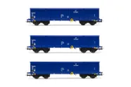 PKP Cargo, 3-unit set 4-axle open wagons Eaos, blue livery, loaded with scrap, period V-VI. Suitable AC wheelsets for this item: HC6100 (10,27 x 25,20 mm)