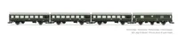 DR, 4-unit pack coaches "Rekowagen", contains one post van and three 2-axle coaches, dark green livery with one decor line, period III