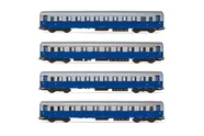 FS, set di 4 carrozze "Treno Azzurro", composto da 2 carrozze di 1a classe tipo 1946 Az13010 e 2 carrozze di 2a classe tipo 1946 Bz33010, una con scompartimento ristoro, ep. IIIb. Assi sostitutivi per corrente alternata: HC6102 (10,5 x 24,50 mm)