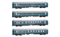 DR, 4-unit pack OSShD type B coaches "Touristen-Express", set 1 of 2, blue livery, ep. III, 2 x WLAB + 1 x WR + 1 x Salon