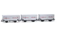 FS, 3-unit pack refrigerated wagons Hgb 2-axles (2 metallic without brakeman's cab, 1 wooden with), white, red stripe, ep. III