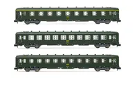 SNCF, 3-unit pack DEV AO coaches (A9, 2 x B10), green with logo encadré, ep. IV