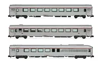 SNCF, set de 3 coches TEE «Cisalpin», Milán - París, decoración plata, compuesto de 1 coche A4Dtux, 1 coche A8u y 1 coche A8tu, ép. IV