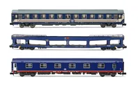 SNCB, set de 3 unidades compuesto de 1 coche camas T2 en decoración azul, 1 vagón plataforma DD DEV 66 para coches en decoración azul y 1 coche Bc I6 en decoración azul/roja, ép. IV-V