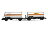 FS, 2-unit pack 2-axle gas tank wagons, silver with orange stripe, "Pibigas", ep. IVa