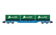 RENFE, 4-axle container wagon, loaded with 3 x 20' ADIF container, blue livery, ep. VI