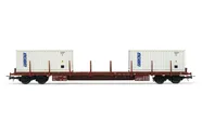 FS, 4-achs. Flachwagen Rgs, beladen mit 2 x 20' „Fiat" Container, Ep. IV-V. Passende AC-Tauschradsätze: HC6100 (10,27 x 25,20 mm)