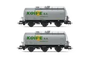 RENFE, 2-unit set of 3-axle tank wagons, grey livery, "Koipe", period IV. Suitable AC wheelsets for this item: HC6101 (11,27 x 24,25 mm)
