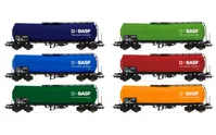 D-BASF, 6-unit display of 4-axle tank wagons, different liveries, period VI. Suitable AC wheelsets for this item: HC6100 (10,27 x 25,20 mm)