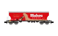 RENFE, vagón tolva de 4 ejes cerealera con paredes laterales redondeadas, decoración «Mahou»