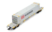 4-achs. Containerwagen der Bauart Sgnss, graue Farbgebung, beladen mit 45'-Container „DB Schenker”