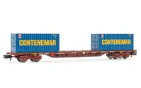 RENFE, vagón porta contenedores de 60' de 4 ejes MMC, cargado con 2 contenedores de 20' "Contenemar", ép. IV