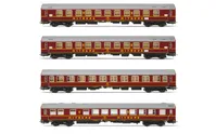 DR, 4-tlg. Set OSShD Typ B Reisezugwagen „Tourex” in roter Lackierung mit gelben Streifen, bestehend aus 2 x Schlafwagen WLABme, 1 x SDme und 1 x Speisewagen Wrme, Ep. IV