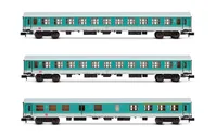 DB AG, set de 3 coches regionales, decoración verde menta/blanca, compuesto de 1 x coche ABDomsb y 2 x coches Bom, ép. V