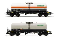 FS, 2-unit set of 4-axle tank wagons Zags/Zas, white livery with and without orange stripe, "Sogetank", period V. Suitable AC wheelsets for this item: HC6102 (10,50 x 24,50 mm)
