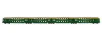 DR, 4-unit set of double-decker coaches with cab-control unit and six air-vent roofs, dark green livery, period IV