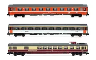 EuroCity „Mozart", 3-tlg. Set Reisezugwagen, bestehend aus 1 1. Klasse Wagen der ÖBB in oranger Lackierung, 1 1. Klasse Wagen der SNCF in grauer Lackierung und 1 Speisewagen der DB in beige/roter Lackierung, Ep. IV-V