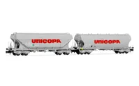 SNCF, 2-tlg. Set 4-achsige Silowagen, bestehend aus einem Wagen mit gewölbten Silowänden und einem Wagen mit geraden Silowänden, "UNICOPA", Ep. IV