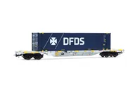 4-achs. Containerwagen der Bauart Sgnss, graue Farbgebung, beladen mit 45'-Container „DFDS”