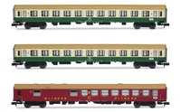 Coffret de 3 voitures « D242 Paris - Berlin - Warszawa », composé de 1 voiture DR WRm130 en livrée rouge et 2 voitures DR Bm en livrée verte/beige, ép. IV