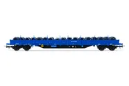 PKP, 4-axle Flachwagen Res, in blauer Lackierung, beladen mit Drahtrollen, Ep. V-VI