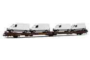 Transwaggon, 3-axle flat wagon Laads, brown livery, loaded with Sprinter vans, period V-VI