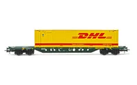 4-achs. Containerwagen Sgnss in grüner Lackierung, beladen mit einem 45' Container „DHL", Ep. V-VI