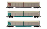 FS, 3-unit set 4-axle sliding-wall wagons Habills, silver/brown resp. silver/green livery, period IV-V