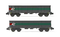 STLB, 2-unit set of 4-axle open wagons Eaos, grey/green/red livery, loaded with scrap, period V-VI