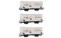 FS, set di 3 carri refrigerati a 2 assi Hgb (2 senza garitta, 1 con), sagoma inglese, livrea bianca con striscia rossa, ep. III