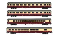 DB, 4-tlg. Set Reisezugwagen „TEE Rheingold", in beige/roter Lackierung, bestehend aus 2 x 1. Kl. Wagen Avmz, 1 x 1. Kl. Wagen Apmz und 1 x Speisewagen WRmh, Ep. IV