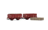 RENFE, set de 2 vagones abiertos de 2 ejes, tipo X unificado corto, cargados con sacos de hoja de tabaco «Tabacalera», decoración rojo óxido