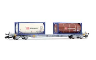 4-achs. Containerwagen, graue Farbgebung, beladen mit 2 x 20'-Tankcontainer „DB SCHENKER“