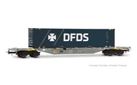 4-achs. Containerwagen der Bauart Sgnss, graue Farbgebung, beladen mit 45'-Container „DFDS”