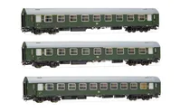 DR, 3-unit set of coaches, green livery, including 1 x 1st class coach, 1 x 1st/2nd class coach and 1 x sleeperette coach, period III. Suitable AC wheelsets for this item: HC6104 (11,50 x 24.00 mm)