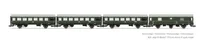 DR, 4-unit pack coaches "Rekowagen", contains one post van and three 2-axle coaches, dark green livery with one decor line, period III